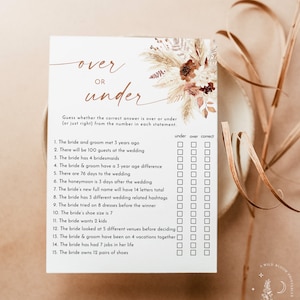 Over or Under Bridal Shower Game, Boho Fall Bridal Shower, Pampas Grass ...