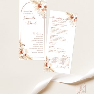 May include: A wedding ceremony programme with a floral design featuring dried grasses and flowers in shades of brown, orange, and white. The programme lists the order of the ceremony and the wedding party.
