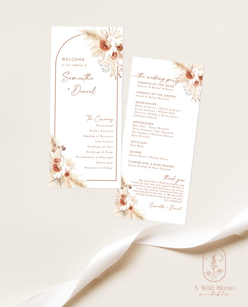 May include: A wedding ceremony programme with a floral design featuring dried grasses and flowers in shades of brown, orange, and white. The programme lists the order of the ceremony and the wedding party.