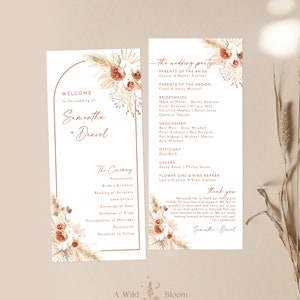 May include: A printable wedding ceremony programme with a boho theme. The programme features a floral design with dried grasses and a welcome message for Samantha and Deniel. The programme lists the wedding party and the order of events.