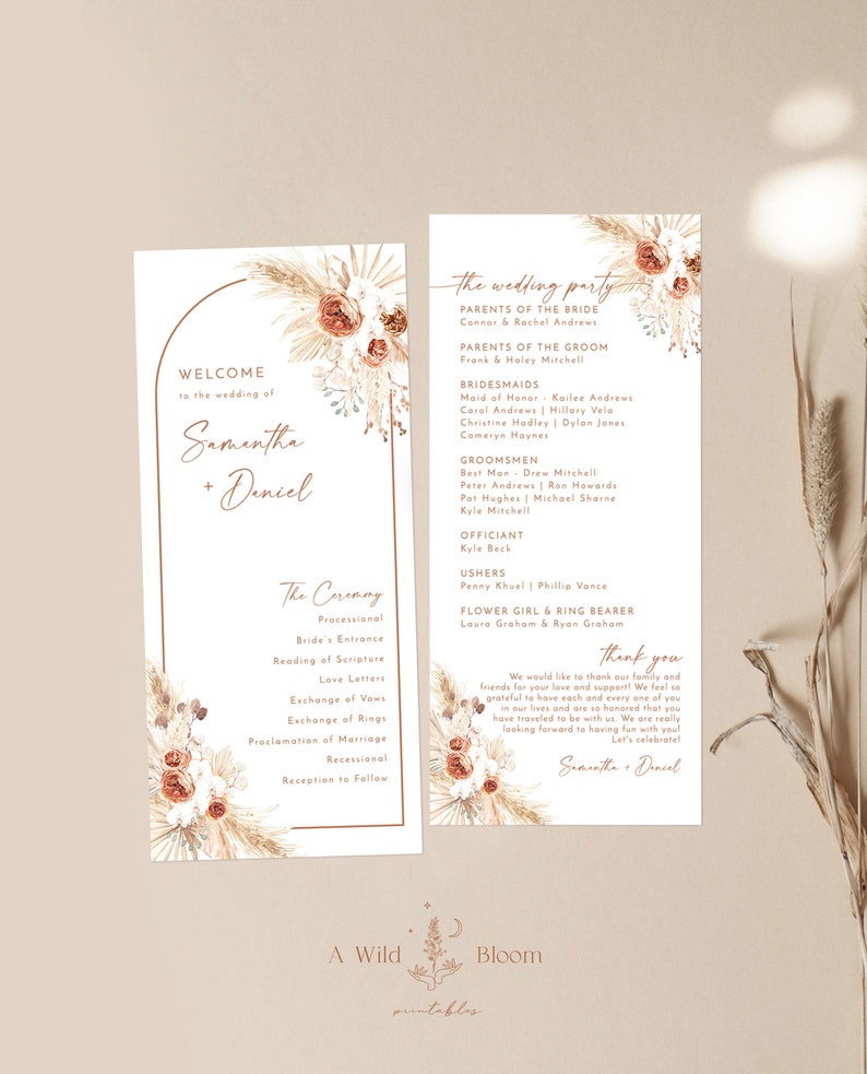 May include: A printable wedding ceremony programme with a boho theme. The programme features a floral design with dried grasses and a welcome message for Samantha and Deniel. The programme lists the wedding party and the order of events.