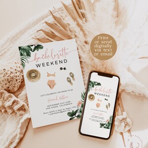 Puede incluir: Una invitaci&oacute;n imprimible para un fin de semana de despedida de soltera con tem&aacute;tica tropical. La invitaci&oacute;n presenta un dise&ntilde;o floral rosa y verde con un sombrero, gafas de sol y sandalias. El texto de la invitaci&oacute;n dice "bachelorette weekend" y "Let's celebrate the bride-to-be Hannah Kellun September 21st-23rd San Diego, California Please RSVP to Jamie by August 15th jamichaynes@gmail.com"