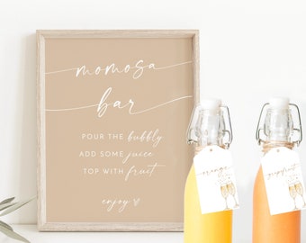 Baby Shower Mimosa Bar Sign, Gender Neutral, Modern Momosa, Juice Tags, Beige Bubbly, Instant Download, Editable Template, BM1