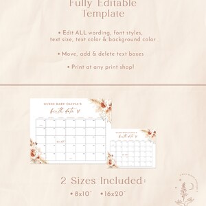 Puede incluir: Juego de baby shower imprimible y editable con un calendario para que los invitados adivinen la fecha de nacimiento del beb&eacute;. El calendario est&aacute; decorado con un dise&ntilde;o floral en tonos marrones y blancos. El texto dice "Adivina la fecha de nacimiento de la beb&eacute; Olivia". Se incluyen dos tama&ntilde;os: 8x10 pulgadas y 16x20 pulgadas.