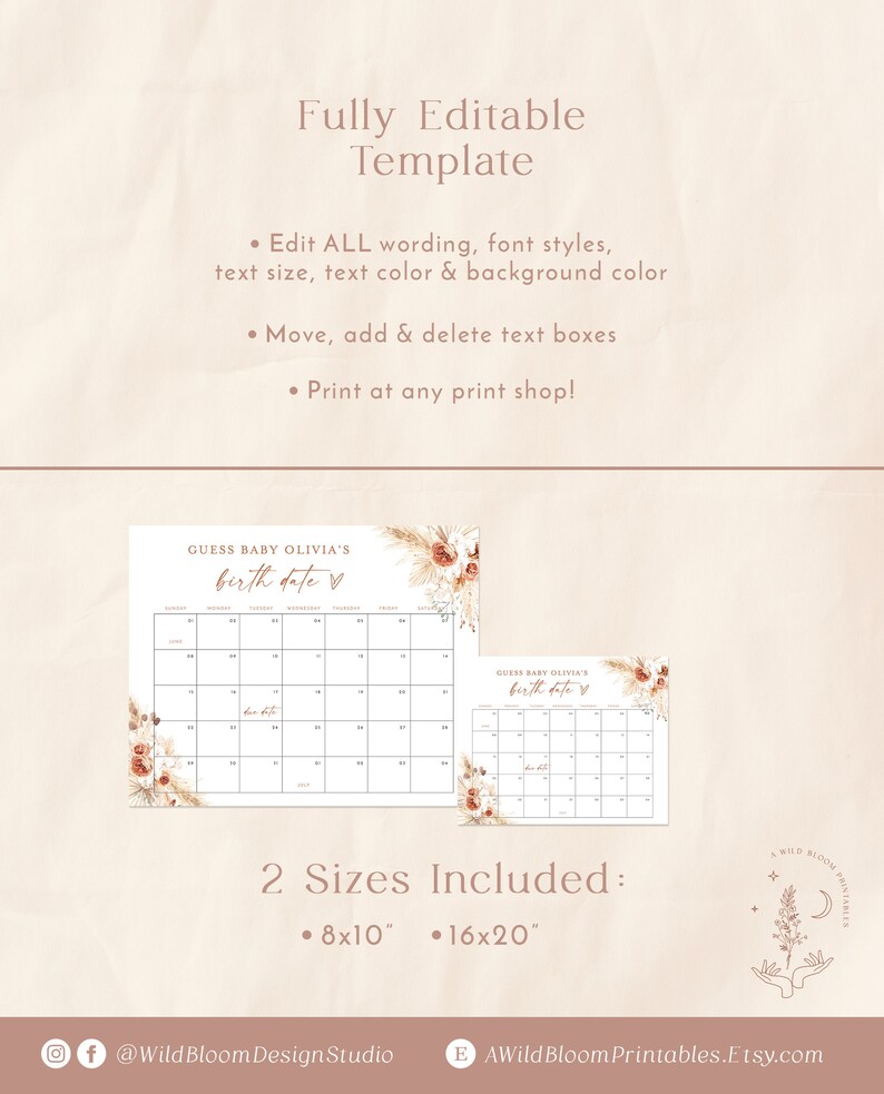 Puede incluir: Juego de baby shower imprimible y editable con un calendario para que los invitados adivinen la fecha de nacimiento del beb&eacute;. El calendario est&aacute; decorado con un dise&ntilde;o floral en tonos marrones y blancos. El texto dice "Adivina la fecha de nacimiento de la beb&eacute; Olivia". Se incluyen dos tama&ntilde;os: 8x10 pulgadas y 16x20 pulgadas.