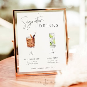 Signature Drinks Schild Vorlage, Signatur Cocktail Schild, minimalistisches Hochzeits Bar Menü Poster, His + Hers Bar Schild, bearbeitbare Vorlage, M7