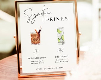 Signature Drinks Sign Template | Signature Cocktail Sign | Minimalist Wedding Bar Menu Poster | His + Hers Bar Sign | Editable Template | M7