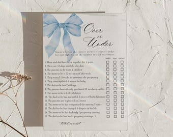 PRINTED + SHIPPED | Over or Under Baby Shower Game Blue Bow Watercolor Dusty Blue Boy Baby Shower Guessing Game Card