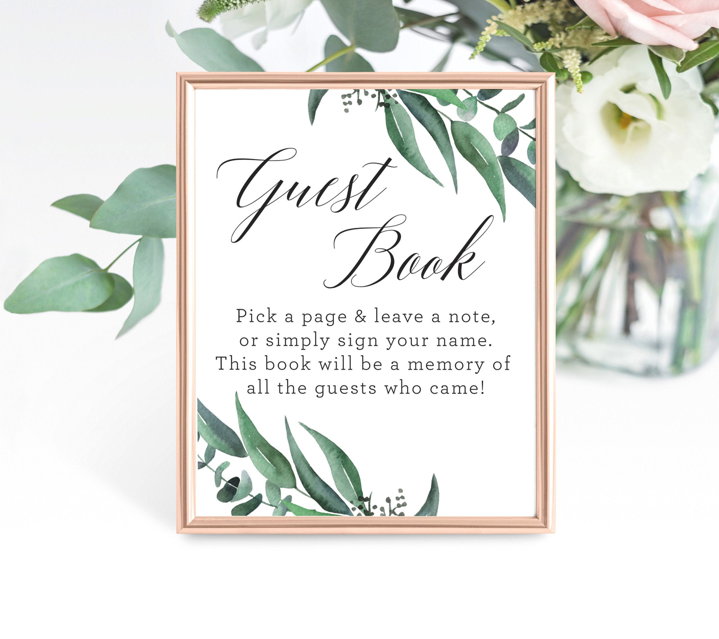 Printable Guest Book Sign Eucalyptus Watercolor Baby Shower Greenery  Leaves, Please Sign the Guest Book Non-editable Instant Download 