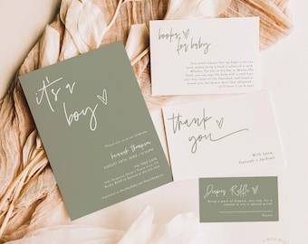 Minimalist Baby Shower Invitation, Boy Bundle, It's a Invite, Green, Boho Template, Instant Download, Editable Template, BM1