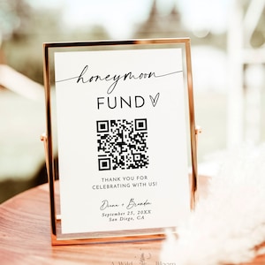 Segno del codice QR del fondo luna di miele, segno del fondo della luna di miele del matrimonio, segno del codice QR Venmo, segno del matrimonio moderno, modello modificabile, M9