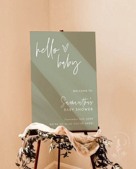 Baby Shower Welcome Sign Template, Boy, Army Green, Hello Baby, Minimalist Poster, Instant Download, Editable Template, BM1