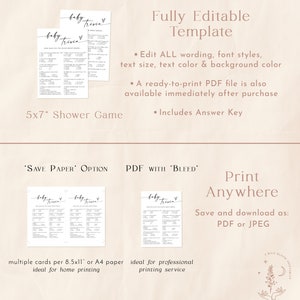 K&ouml;nnte beinhalten: Druckbare Babyparty-Spielvorlage mit dem Text "Baby Trivia" in einer handschriftlichen Schriftart. Die Vorlage ist vollst&auml;ndig editierbar und enth&auml;lt einen L&ouml;sungsschl&uuml;ssel. Das Spiel ist in zwei Gr&ouml;&szlig;en erh&auml;ltlich: 5x7 Zoll und 8,5x11 Zoll. Die Vorlage kann zu Hause oder von einem professionellen Druckdienst gedruckt werden.
