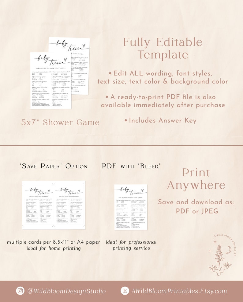 K&ouml;nnte beinhalten: Druckbare Babyparty-Spielvorlage mit dem Text "Baby Trivia" in einer handschriftlichen Schriftart. Die Vorlage ist vollst&auml;ndig editierbar und enth&auml;lt einen L&ouml;sungsschl&uuml;ssel. Das Spiel ist in zwei Gr&ouml;&szlig;en erh&auml;ltlich: 5x7 Zoll und 8,5x11 Zoll. Die Vorlage kann zu Hause oder von einem professionellen Druckdienst gedruckt werden.