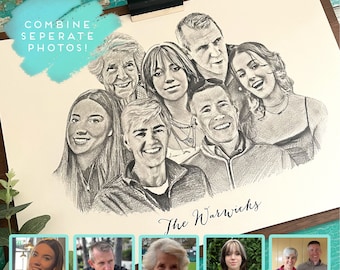 Ritratto di famiglia, schizzo a matita, schizzo di famiglia, disegno a matita, collage fotografico, ritratto a matita, disegno di famiglia, disegno da foto
