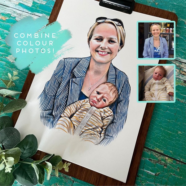 Colour family portrait, Combine Colour Photos, Family Sketch, Pencil Drawing, Family Illustration, Drawing from Photo