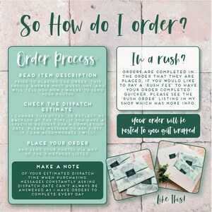 Pu&ograve; includere: Una guida illustrata verde e bianca con il testo "So How do I order?" e "Order process" che spiega come effettuare un ordine. La guida include istruzioni per leggere la descrizione dell'articolo, verificare la stima di spedizione, effettuare il tuo ordine e prendere nota del tempo di spedizione stimato. La guida include anche una sezione intitolata "In a rush?" con informazioni sugli ordini urgenti. La guida include anche un'immagine di un regalo avvolto in carta fantasia verde e bianca.