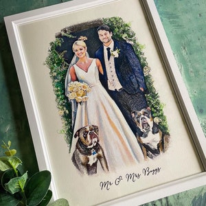 Bruiloftsschets, paarillustratie, huwelijksverjaardag, papieren jubileum, huwelijkscadeau, bruiloftillustratie, tekening van trouwfoto