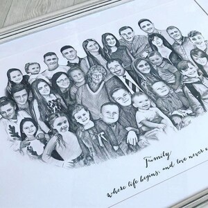 Pu&ograve; includere: Un disegno a matita in bianco e nero di un grande ritratto di famiglia. La famiglia &egrave; disposta in cerchio con i membri pi&ugrave; giovani in primo piano. Il disegno &egrave; su sfondo bianco con il testo "Family where life begins, and love never ends" in basso.