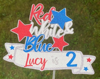 Red, White & Blue Glitter Cake Topper, 2nd Birthday, July 4th