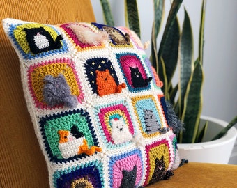 Many Cats Square - ENGLISH - Crochet Pattern PDF - Granny Square Afghan Block