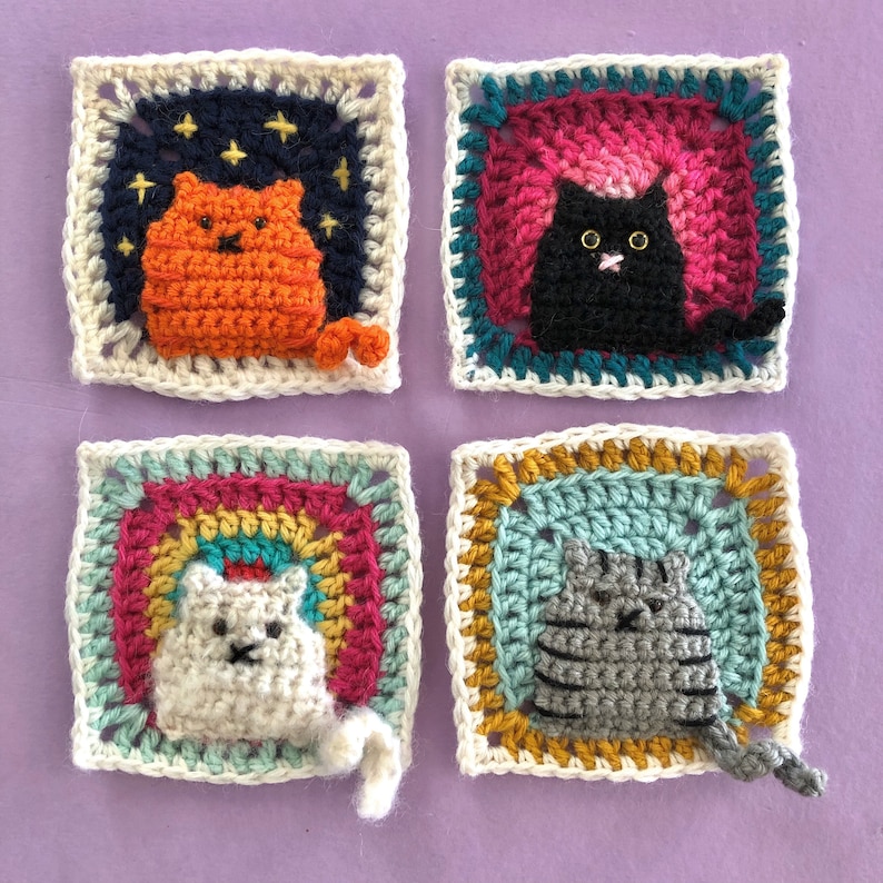 Many Cats Square ENGLISH Crochet Pattern PDF Granny Square Afghan Block afbeelding 3