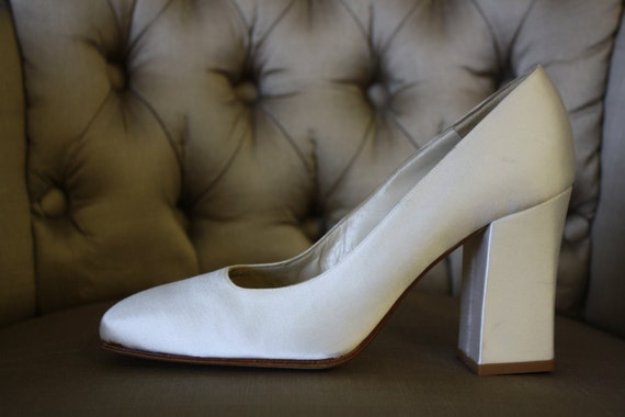 Vanessa Noel "On Edge" Square Toe Satin Pump, Vintage Bridal Shoe,