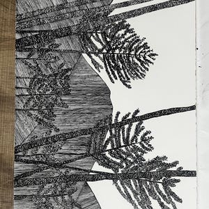 Original Hand-Drawn Forest Illustration – Pen and Ink Pine Tree Landscape on Fine Art Paper