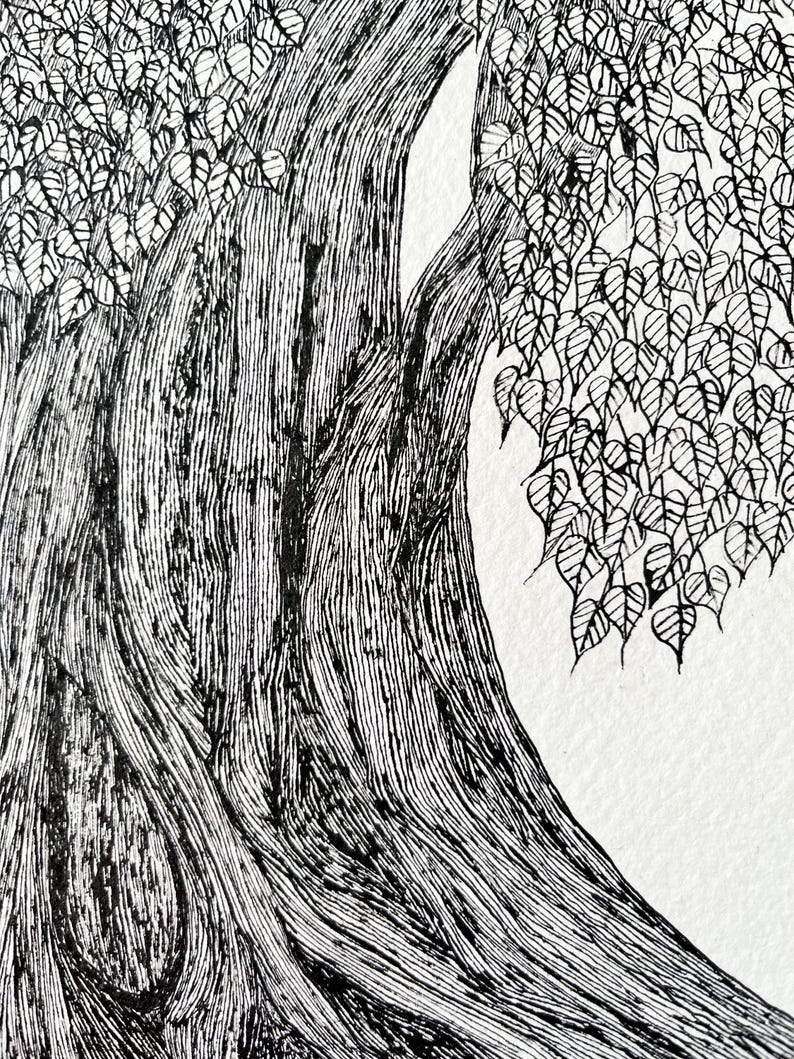 Original Ink Tree Drawing: Hand-drawn Botanical Art on Textured Paper ...