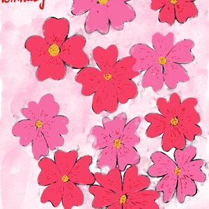 Cartão de Aniversário para Imprimir – Cartão Floral Desenhado à Mão | Download Digital de Flores Rosa | Arte Instantânea para Cartões de Aniversário