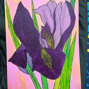 KainoorArt- Un grande e vibrante fiore di iris, acrilici e penne a inchiostro su carta da 300 g/m², dipinto originale