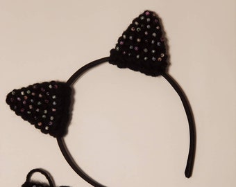 Crochet cat ears headband, Beaded headband, Cat stuff, Black headband