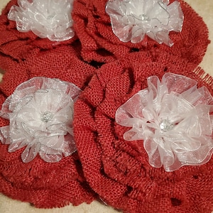 Red Burlap And Lace Flower pins, Fabric flower pins, Red Flower Brooch, Lace and Red Burlap Flowers, Silver trimmed lace,