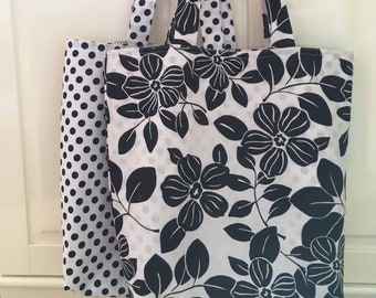 Black & White Tote bags, reusable shopping bags, floral and polka dots