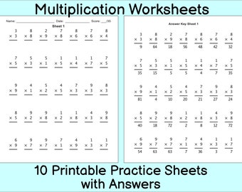 Multiplication Worksheet, 10 Practice sheets with Answers, Single digit  multiplication, Math drills, Instant Download, Printable