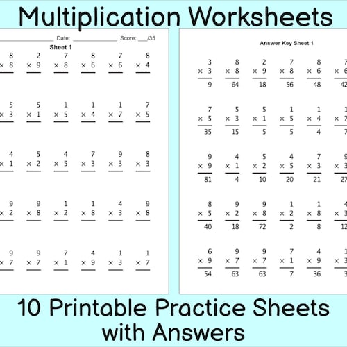 Multiplication Worksheet 10 Practice Sheets With Answers - Etsy