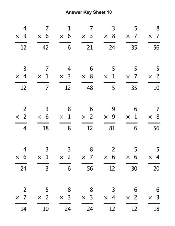 multiplication worksheet 10 practice sheets with answers etsy