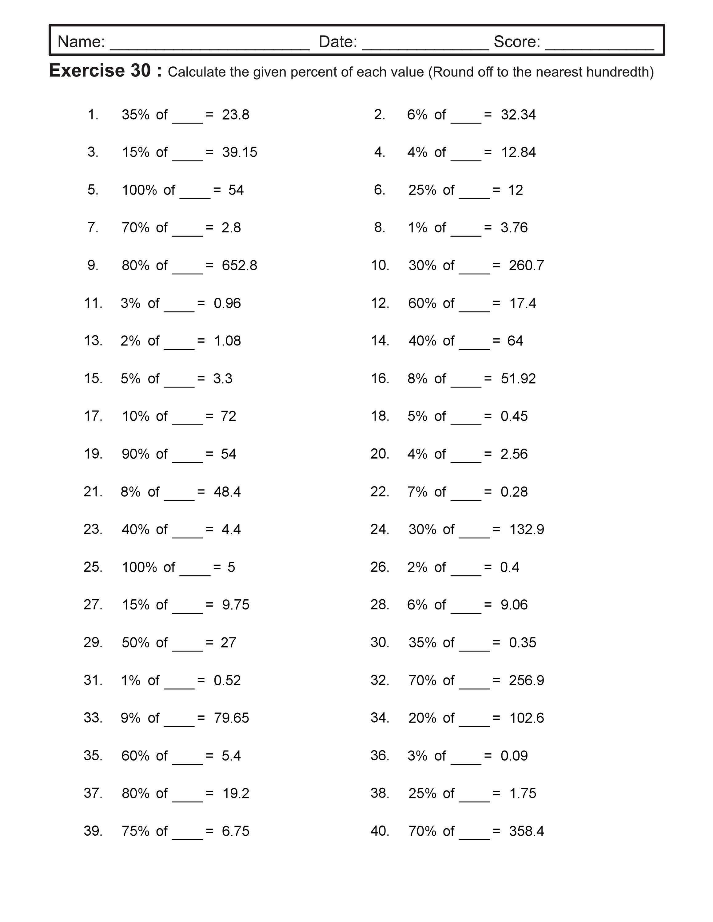 Math Worksheet 40 Percent Problems Practice Sheets With - Etsy