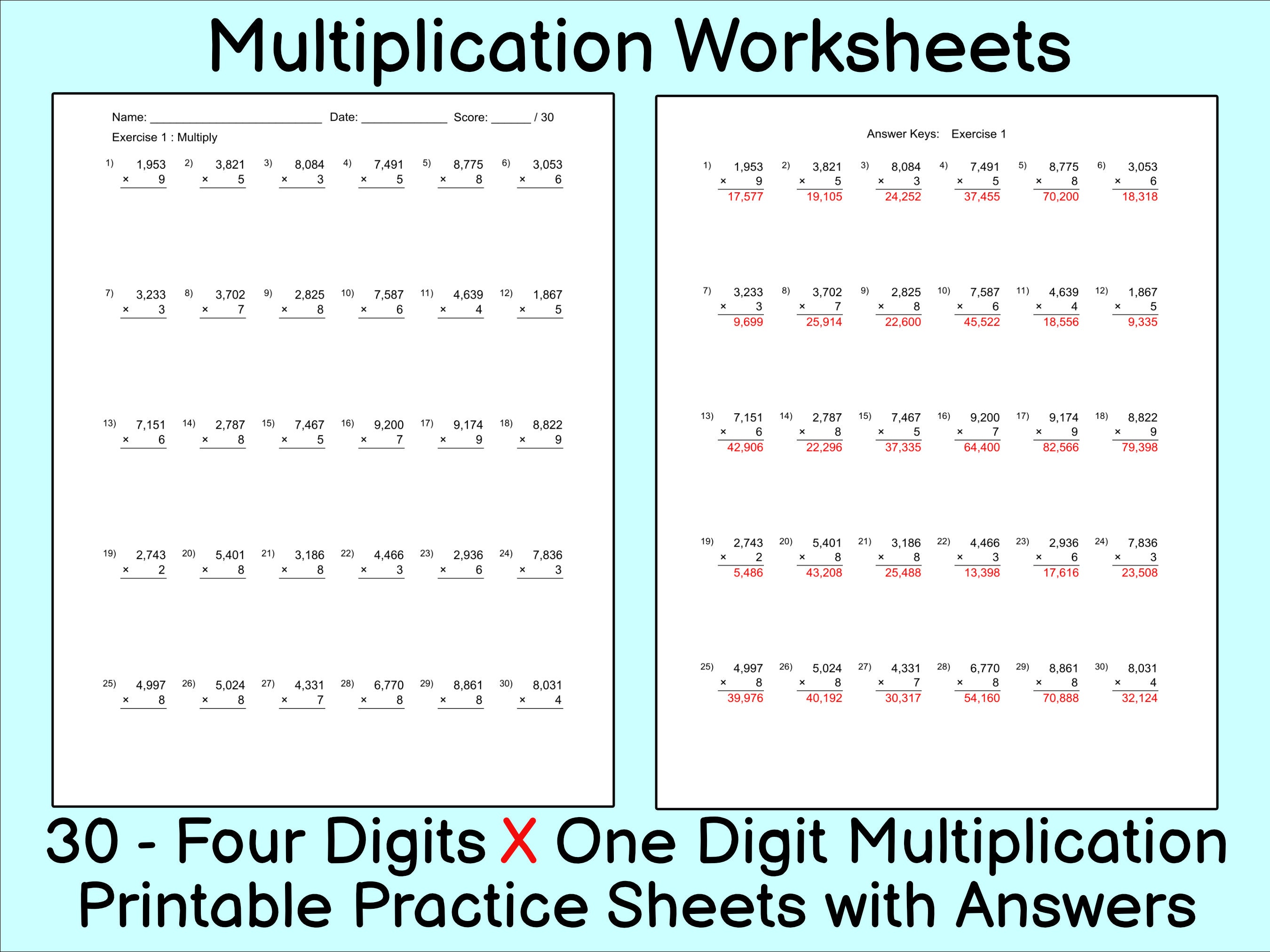 multiplication worksheet 30 practice sheets with answers etsy