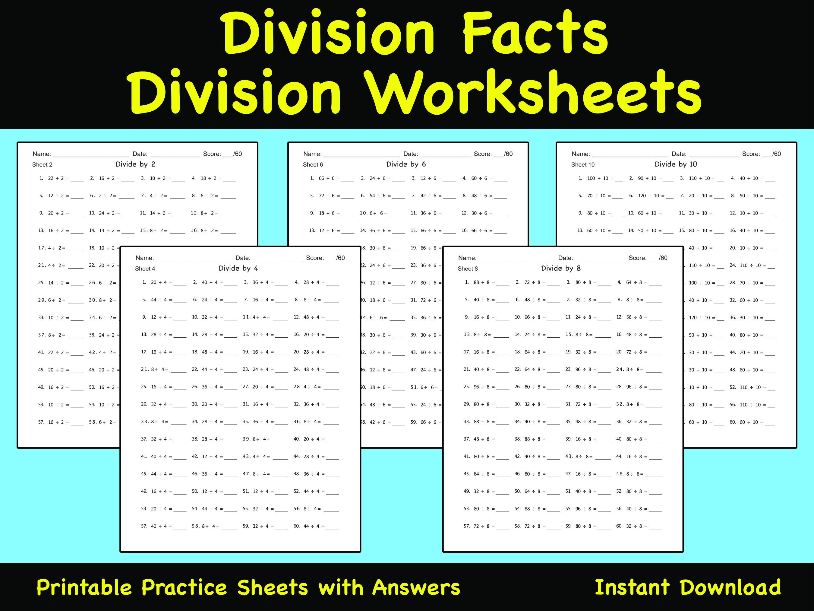 division worksheet 12 division facts practice sheets math etsy australia