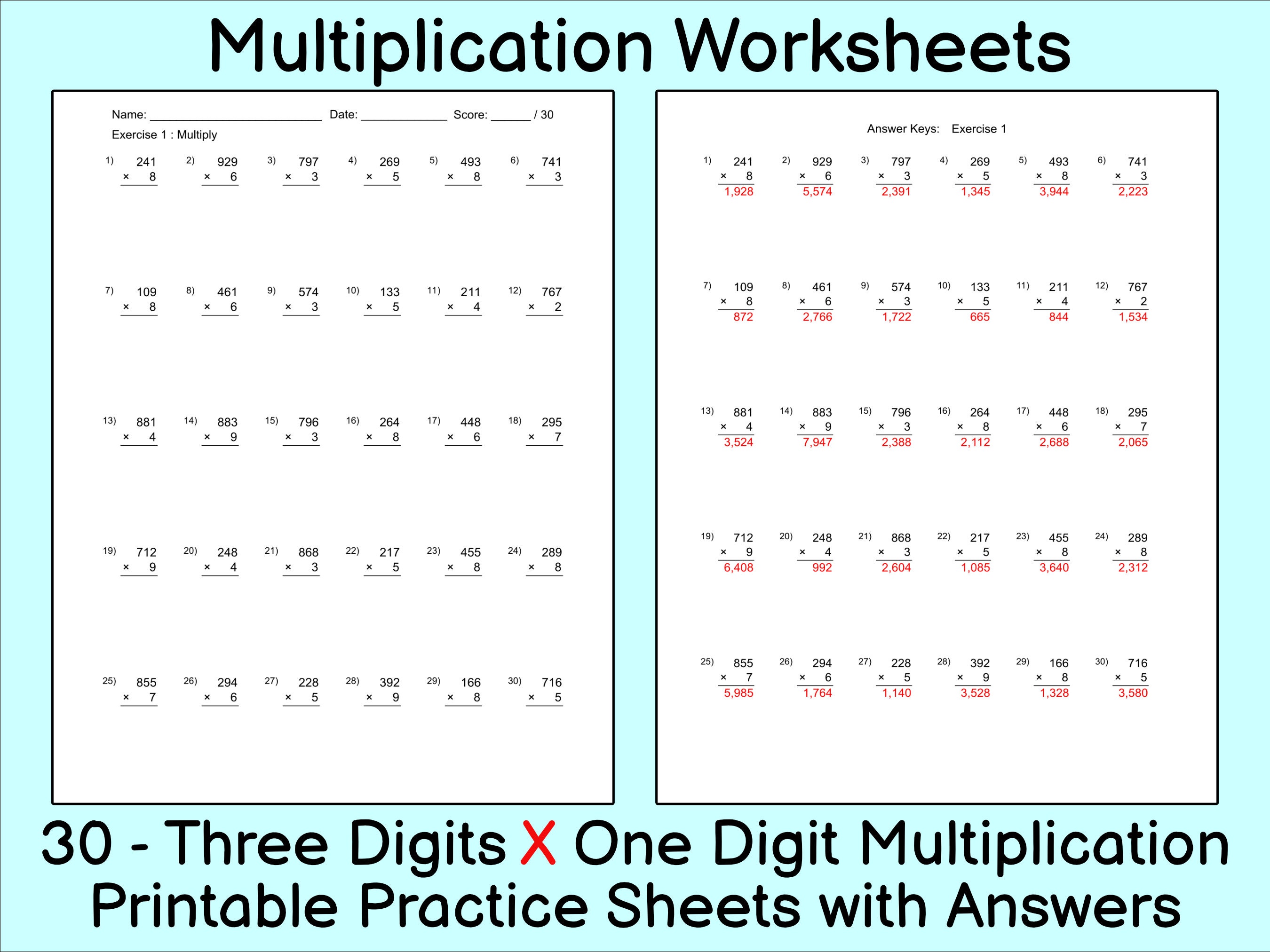 multiplication worksheet 30 practice sheets with answers etsy ireland
