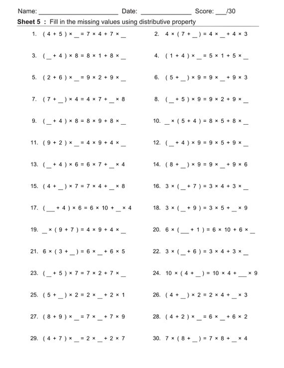 Math worksheets for distributive property