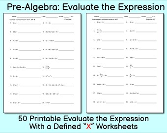 Pre-Algebra Worksheet, 50 Solve the Expression with Defined Variable, Evaluate expression, Algebra, Math