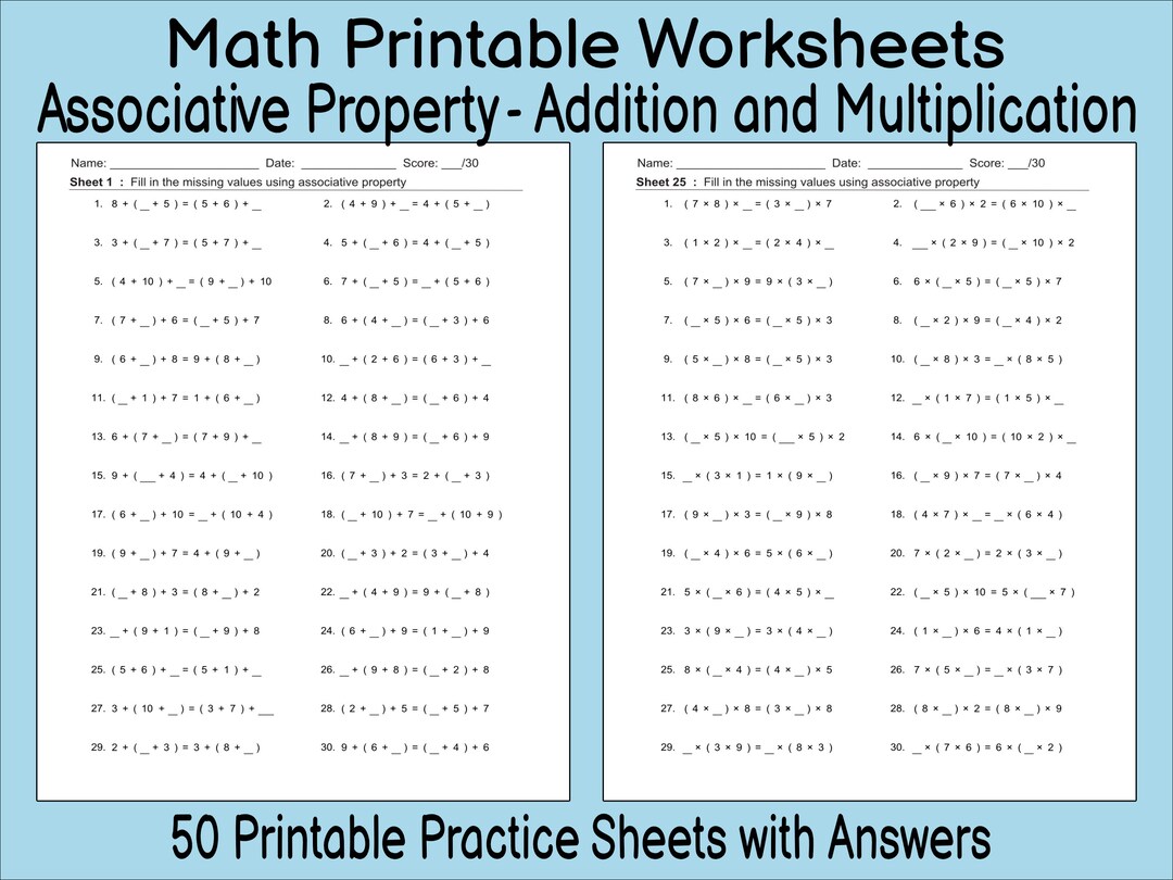 Math Worksheets. 50 Associative Property Addition and - Etsy ...