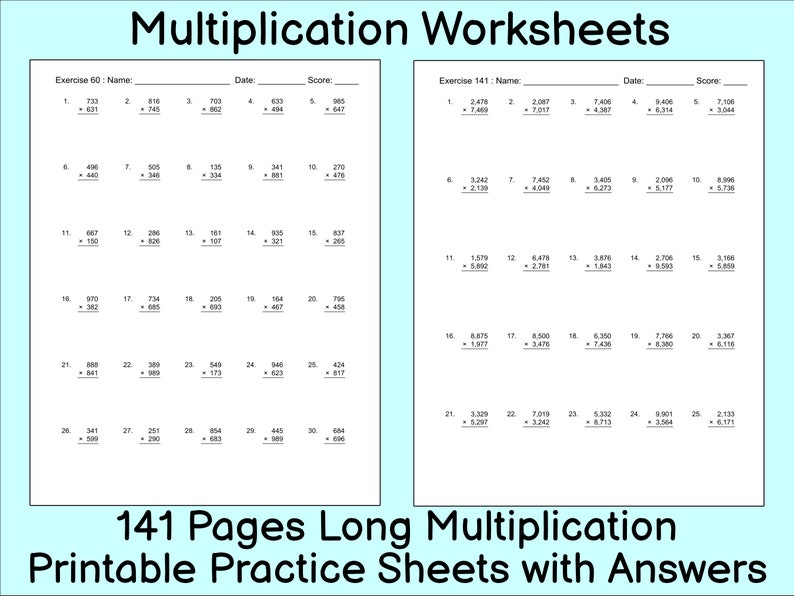 multiplication worksheet 141 long multiplication practice etsy