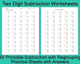 Subtraction Worksheet. 50 Double Digit Subtraction with Regrouping Practice Sheets. Math Worksheets and Drills. No Prep. Reproducible.