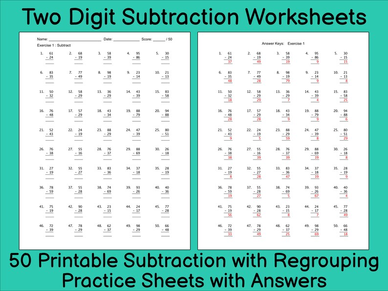 subtraction worksheet 50 double digit subtraction with etsy