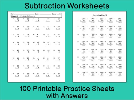 subtraction worksheet 100 practice sheets with answers etsy