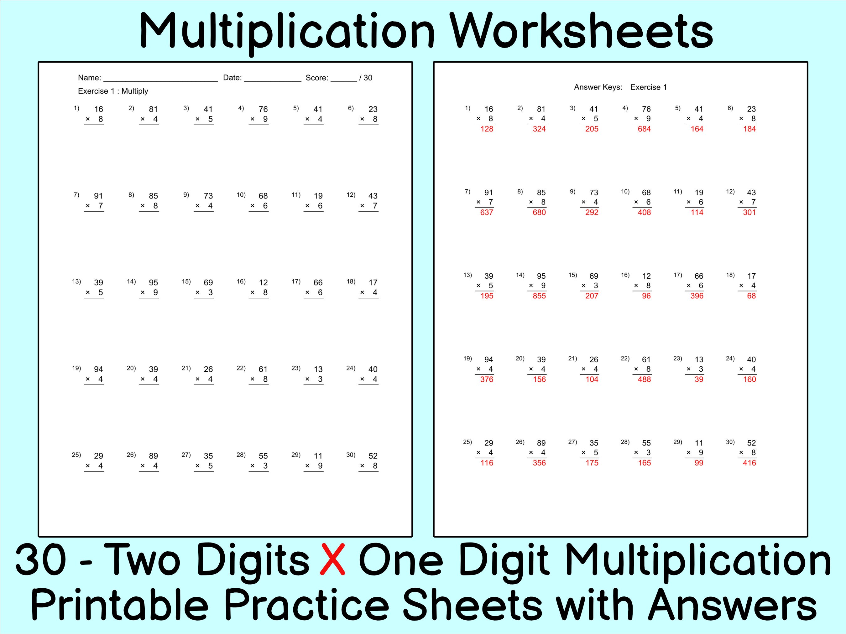 multiplication worksheet 30 practice sheets with answers etsy