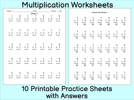 multiplication worksheet 10 practice sheets with answers etsy
